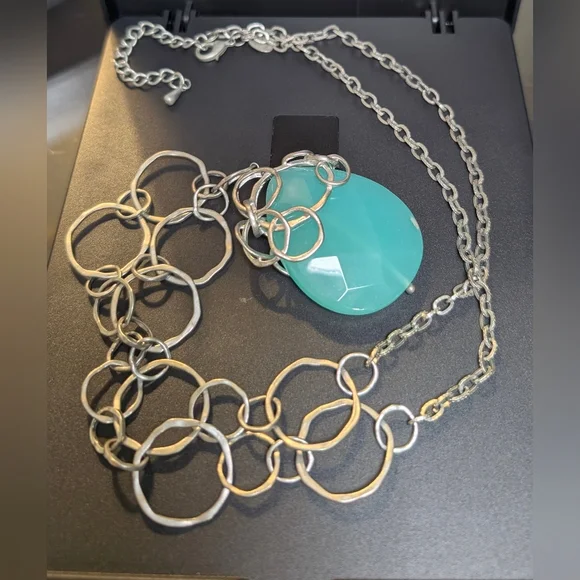 Lia Sophia Aqua Glass Pendant Necklace Silver Statement Coastal Quiet Luxury - Picture 4 of 9